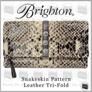Brighton Beige / Brown Snakeskin Pattern Leather Trifold Long Wallet